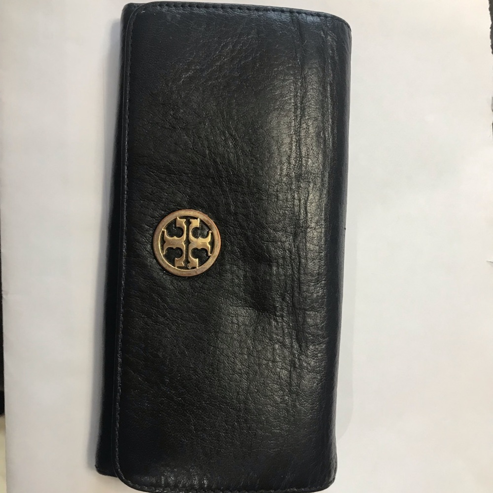 Tory Burch Black Leather Wallet with Gold Logo